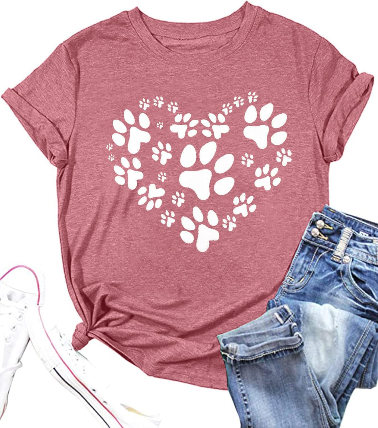 Paw Love Shirt Dog Lover Shirts for Women Paw Print Heart Tee Shirt Cute Dog Mom Short Sleeve Tee Tops